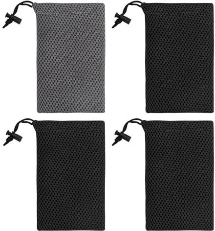 VOSSOT 4 Bolsas de Malla con Cordón – Mini Bolsas 10x15.5cm Fabricado con Material de Fibra de Poliéster para Móvil, Powerbank, Auriculares y Accesorios – Funda para Teléfono con Monedero Colgante