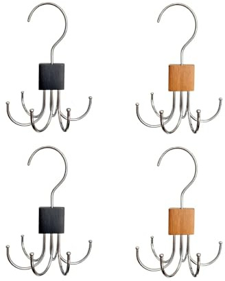 Perchero organizador de cinturones 4 unidades, colgador giratorio 360° con 6 ganchos, percha de madera negra para armario, ideal para corbatas, bufandas y ropa interior