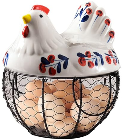 Portauova in ceramica, portauova in ceramica, pollo filo metallico cavo con coperchio a forma di pollo, controsoffitto con cestino antiscivolo con maniglia per la raccolta