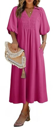 Dokotoo Summer Dresses for Women 2026 V Neck Puff Sleeve Empire Waist Casual A Line Swing Maxi Dress Red Dress Small