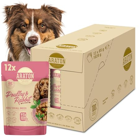 ARATON Hundefutter Nass mit Geflügel & Kaninchen - Nassfutter für Hunde Aller Rassen - Ausgewogenes Hundenassfutter in Sauce, reich an tierischen Proteinen & Kräutern 12 x 85g