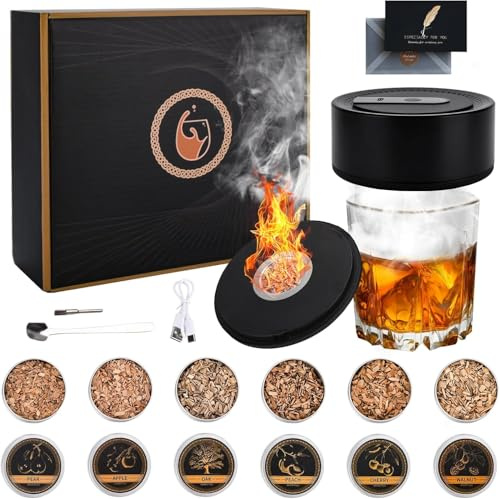TOSUTO Juego de Ahumador de Whisky Eléctrico,Kit de Ahumador de Cóctel Recargable con 6 Sabores de Astillas de Madera y Tarjeta,Kit de Ahumador de Bebidas Regalo para Papá,Marido y Amantes,Sin Butano