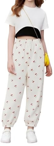 Mjjsk Flickor byxor elastisk midja vardaglig blommig boho haremsbyxor barn lätt sommar komfort mjuka joggingbyxor andningsbara mjuka byxor, Vitt, 4-5 År