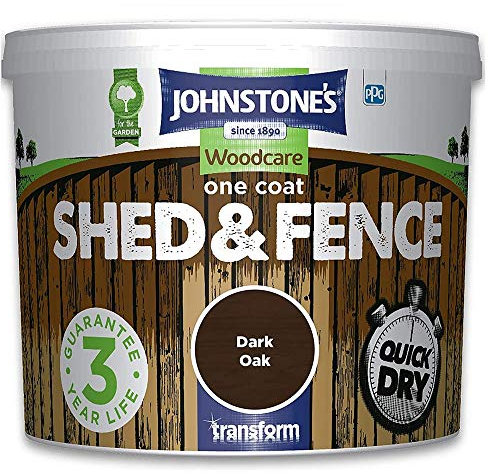 Johnstones Woodcare One Coat Shed & Fence Paint Garden Outdoor Fencing UV Protection Quick Dry 3 Year Life (9L - Dark Oak)