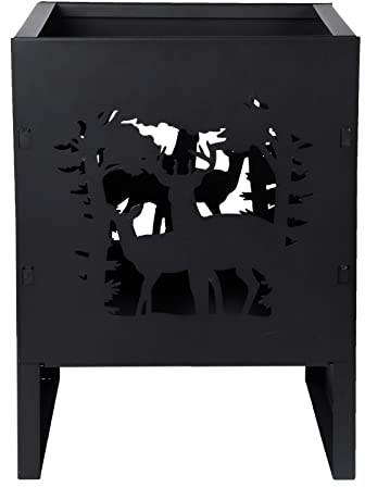 OUTDOORDINO AKAH Brasero avec motif forêt – Réservoir à feu avec motif cerf et arbres – Colonne de feu avec cerf et arbres Noir 30 x 30 x 40 cm
