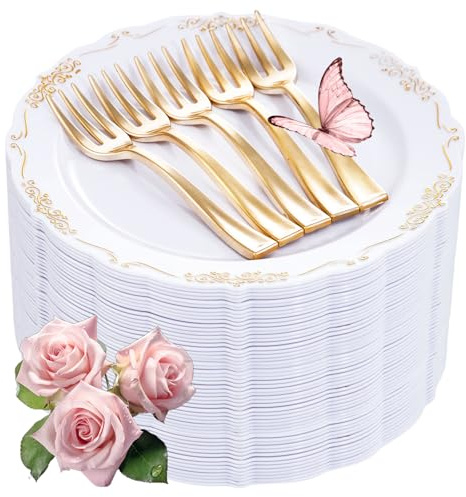 LIYH 200 Pcs Gold Dessert Plates,100 Pcs Appetizer Plates 7.5 and 100 Pcs Gold Plastic Forks 5, Cake Plates, Disposable Salad Plate Wedding Cake Plate Forks for Parties, Birthdays, Wedding