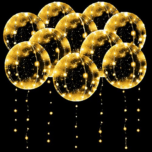 10 Pack LED Light Up Balloons - 20 Inches Clear Bobo Helium Glow in the Dark - Warm White for Valentines Day Birthday Wedding Christmas Decoration