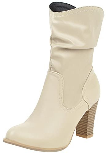 Lroey Reoly Bottines À Talon Bloc Femme, Bottes D'Hiver Mode A Enfiler Bottes Courtes Talons Hauts Bout Rond Bottes Slouch 503 Beige Taille 45 EU