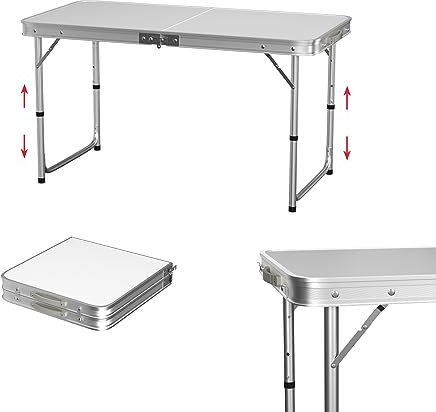 Campingtisch Klappbar Alu + MDF Klapptisch mit Tragegriff, Picknicktische/Partytische/Angeltische, L120 x B60 x H70/62/55cm (3 Höhenverstellbar), Camping Tisch Ideal für den Innen- und Außenbereich
