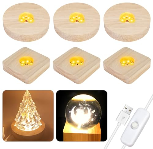 LED Sockel für Acrylglas, 6 Stück LED Lichtsockel USB, Holz Rechteck Beleuchtet Display Ständer, Runde Leuchten Display Base Holzsockel Leuchtsockel für Acrylplatte Kristalle Glasplatte Ornament