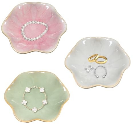 YoHyien 3 Pcs Ceramic Jewellery Dish Tray, Decorative Trinket Dish, Flower Shaped Ring Dish, Jewelry Dish for Necklace, Bracelet, Earrings, Gifts for Her, Women, Bridal Shower (Pink + Green + Grey)