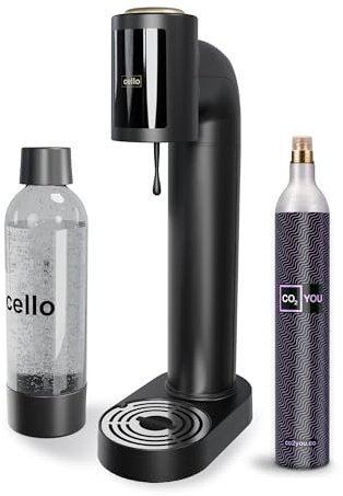 Cello Sparkling Water and Soda Maker Machine in Black with 1 Litre Reusable BPA-Free Water Bottle for Carbonating & Co2 Gas Cylinder, No Electricity Required, Sparkling Water Make