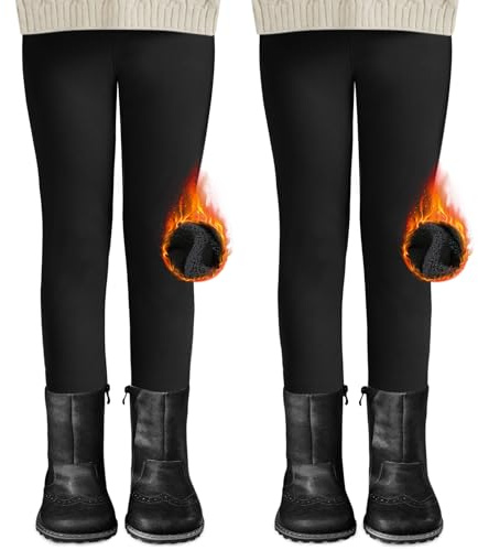DDOBB Pack de 2 Leggings Thermiques Fille - Leggings d'hiver doublés avec doublure polaire - Leggings haute taille thermiques épais et chauds pour enfants - Pantalon long pour tous les jours, Noir x 2