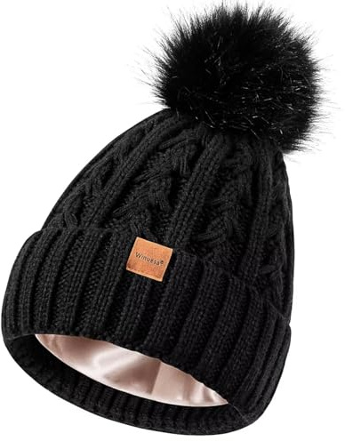 Winuesa Satin Lined Beanie for Women with Pom Pom, Fashionable Womens Winter Hats Silk Beanies, Cute Warm Knit Hat Skull Cap(Black)