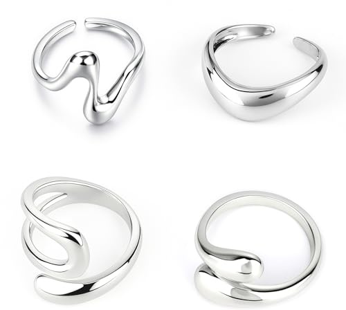 Mikovivi Chunky Silver Rings Set for Women, Alloy Adjustable Bold Stackable Bands Trendy Wide Irregular Finger Knuckle Stacking Rings for Fashion & Aesthetic Jewelry