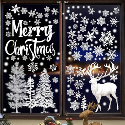 LOMIMOS 9 Pezzi Adesivi per Finestre di Natale, Adesivi Statici Riutilizzabili e Autoadesivi per Finestre con Motivo di Fiocchi di Neve e Alci come Decorazione per Natale