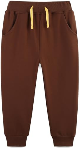 Langubaby Boys Trousers Cotton School Sweatpants Dinosaur Lion Space Shark Plain Jogging Kids Casual Sports Bottoms with Pockets Age 6-7 Years Brown