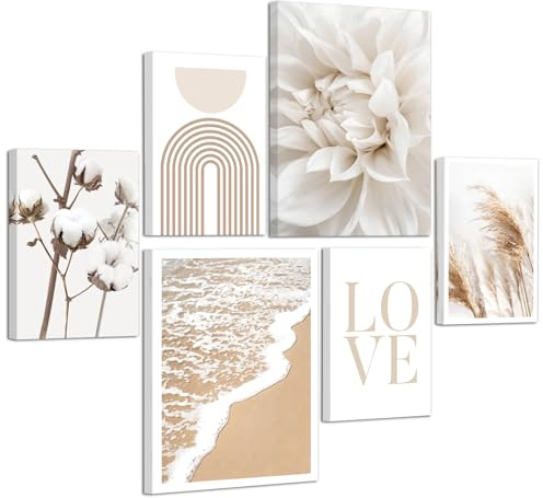 6Pcs Beige Amore Fiori Canne Quadri Per Camera da Letto Set, Estetica Bianco Floreale Piante Stampe Da Parete Quadro Litorale Quadretti da Parete Poster Decor per Soggiorno Cucina Ufficio Con Cornice