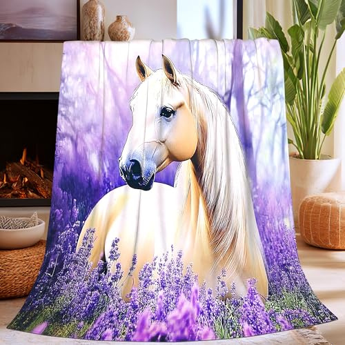 Horse Throw Blanket Gifts for Women Girls, Super Soft Funny Mystical Purple Forest Horses Stuff Blanket Gifts for Horse Lovers, Warm Cozy Fuzzy Plush Fleece Flannel Blanket 50x40 for Couch Bedding