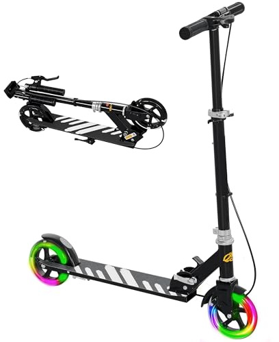 AIYAPLAY Patinete Plegable para Niños de 3-8 Años, Patinete Infantil de 2 Ruedas con LED Luces, Manillar de 4 Altura Ajustable, Freno Posterior y de Mano, Negro