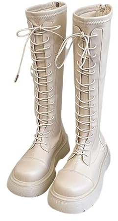 Generisch Bottes à plateforme pour femme - Noir - Style gothique punk - Bottes longues en cuir - Bout rond - Bottes d'équitation à lacets - Bottes d'équitation antidérapantes - Bottes d'hiver