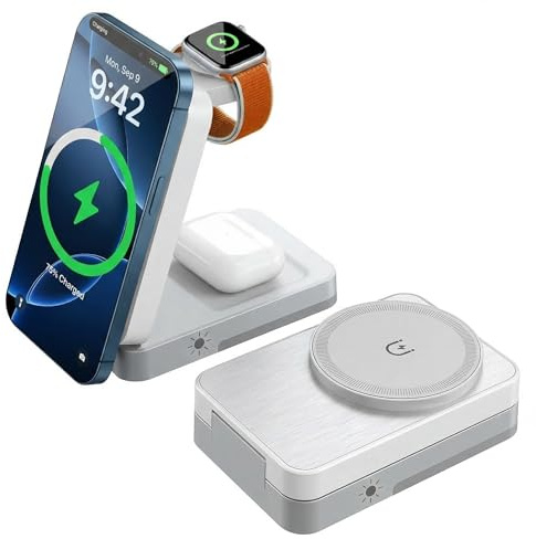 För Apple 3-i-1 trådlös laddningsstation, bärbar induktionsladdare för iPhone 16/15/14/13/12 serier, kompatibel med AirPods Pro, vit