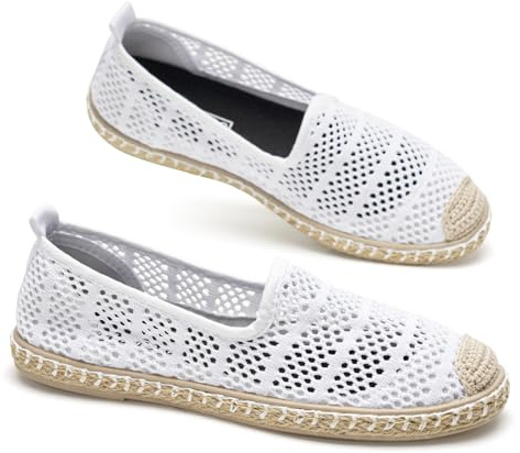 GLAMORA Alpargatas Mujer Caladas Slip On Punto Transpirable Zapato Plano Ligero Flexible Suela Goma Efecto Esparto Crochet Puntera Cerrada Comodo Verano Sin Cordones wt-39