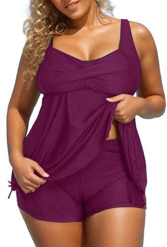 Costume Intero Donna Piscina - Costume da Bagno Donna Curvy Due Pezzi Tankini con Pantaloncini Coppe Imbottite Senza Ferretto, Top Incrociato, vestibilità Comoda Mare Piscina Estate Lago