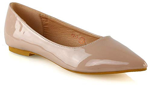 ESSEX GLAM Women's Flat Slip On Pumps Ladies Pointed Toe Ballet Work Shoes Size 3-8 Nude Patent