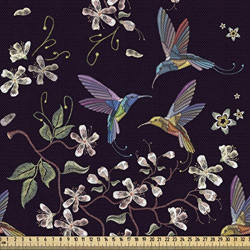 ABAKUHAUS fiore di ciliegio Tessuto a Metraggio, colibrì, Tessuto Decorativo per Tappezzeria e Accenti Casa, 1M (148x100cm), Nero Beige