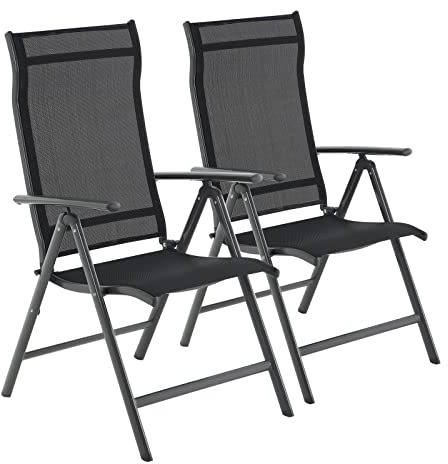 SONGMICS Gartenstuhl, faltbar, 2 Stück, Sitz, für den Außenbereich, Metallrahmen, Rückenlehne in 8 Positionen verstellbar, Tragfähigkeit 150 kg, Schwarz GCB29BK