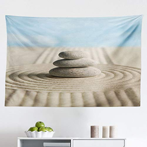 Ambesonne Rock Tapestry, Bundle of Stones Centered in Raked Sand Clear Sky, Fabric Wall Hanging Decor for Bedroom Living Room Dorm, 45 X 30, Pale Blue Grey Yellow