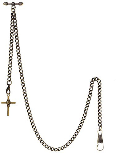 TREEWETO Men's Albert Chain Pocket Watch Curb Link Key Chain 2 Hooks with Antique Cross Bronze Pendant Design Charm Fob T Bar
