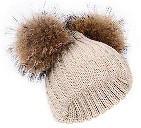 Feifanshop - Cappello invernale da donna, lavorato a maglia, con doppio pon pon in pelliccia sintetica, con orecchie per Natale, Beige, Taglia unica