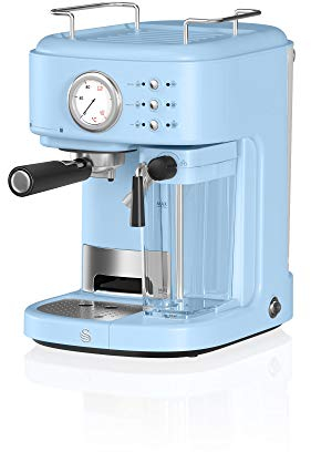 Swan Retro One Touch SK22150BLN Cafetera Express Semi Automática para Espresso y Cappucino, 15 Bares, Vaporizador con Depósito de Leche 0,5L, 1,7 L, Taza Grande o Pequeña, Vintage, Azul, 1200W