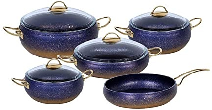 OMS Cookware Granite Copper Set Ball Shape Set Blue Gold Non Stick Casserole Pan Pot Frying Pan Glass Lids 9 Piece Cookware Set - Essential, Pots and Pans Set - 3024 - Made in Turkey