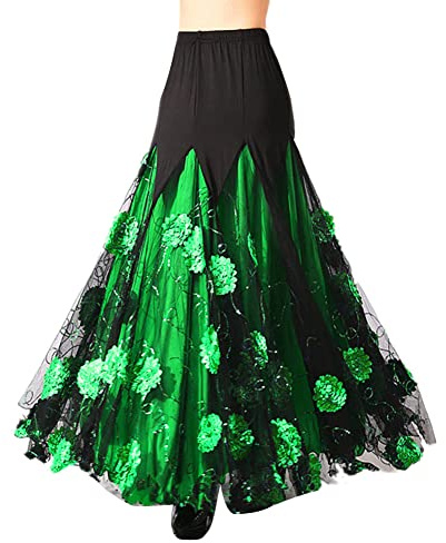 Kvinnor moderna tyllkjolar lång övning balsal scen stor svängkjol vals dans lång kjol blomma broderi glitterkjol, Svart, M
