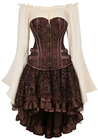 Grebrafan Corset Cuir Sexy et Jupe Pirate Chemisier Deguisement Bustier Halloween (EUR(34-36) M, Marron)