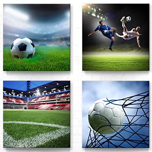 Fußball Motive als Leinwand-Bilder zur Deko - jedes Bild ist 30x30cm - 4-teiliges Fan Bilder-Set, aufhängefertige moderne Bilder für Kinder-Zimmer, Jungen Mädchen Wohnzimmer Schlafzimmer Set-A