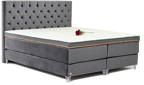 ES Design 08 Boxspringbett ELSA mit Taschenfederkernmatratze, doppelseitiger Topper mit Wolle und Baumwolle und mit Baumwollstoff. (Grau, 180 x 200)