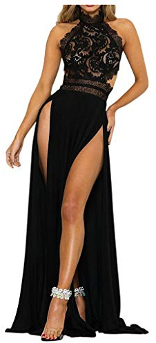Kvinnor festklänningar elegant lapptäcke spetsar aftonklänningar transparent hängande hals med slits golvlång balklänningar hög midja tunika klänningar kvällsklänningar enfärgade ärmlösa sexiga