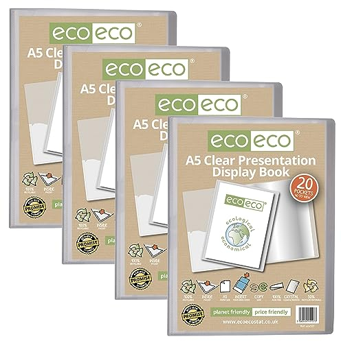 eco-eco Präsentationsbuch, A5, 50% recycelt, 20 Taschen, transparent, Aufbewahrungsbox, Portfolio-Kunstmappe mit Kunststoffhüllen, 4 Stück, eco127 x 4