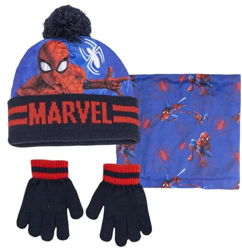 SPIDER-MAN Marvel Mütze, Schal und Handschuhe, 3-teiliges Winter-Set für Kinder, Bommelmütze, Geschenk, rot / blau, 2-8 Jahre
