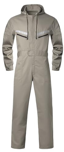 Oralidera Herren Arbeitsoverall mit Kapuze Reflektierend Arbeitsanzug Mechaniker Arbeitsoveralls Werkstatt Arbeitskombi Studenten Overall, Khaki, M