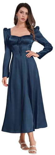 IDOPIP Femmes Manches Longues Vintage Satin Robe Corsage Col Carr� Robe Longue A - Ligne Lacets Manches � Bulles Robe de Mari�e Robe de Soir�e Bleu S