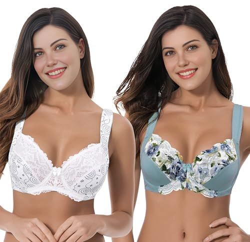 Curve Muse Soutien-Gorge Armatures Dentelle-x2-Cream Print,Sage-115C