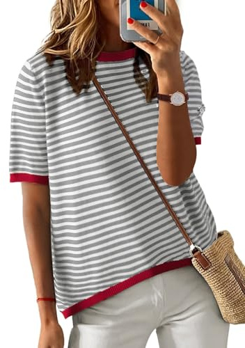 PASUDA Magliette Donna Estive Manica Corta T-Shirt Casual Girocollo a Righe Maglietta Elegante Comodi Larghe Maglia Donna Moda Basic Camicia Tee Tops (Grigio, M)