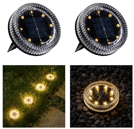 OPOIRA Glass Solar Pathway Lights with Wave Style, Modular-Design Waterproof In-Ground Light for Patio Pathway Lawn Yard Deck Walkway, Decorative Disk Lighting for Garden Bed, Warm White (2 Pack)