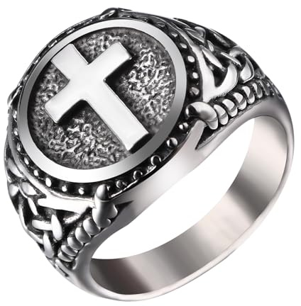 Flongo Bague Croix Celtique Homme : Noir Chevalière Croix Celtique Bague Tampon Religieux Chrétien Amulette Bnading Acier Inoxydable Vintage Punk Biker Fête des Pères Hommes Cadeau Taille de Bague 57
