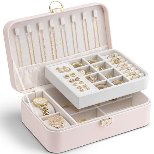 Vlando Boîte à bijoux pour filles et femmes - Double couche - Avec 2 coussins de montre - Boîte à bijoux verrouillable - Boîte à bijoux pour bagues, boucles d'oreilles, bracelets, colliers - Rose